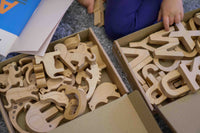 Wooden letters and animal shapes in open boxes on a carpeted floor.