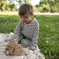 Child playing with wooden animal figurines on a blanket in a park. stacking.