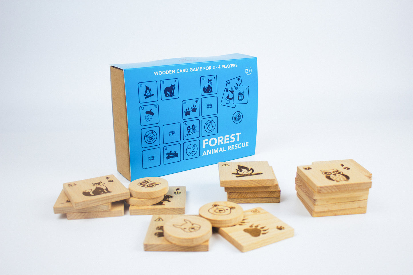 Complete set of Forest Animal Rescue wooden board game – eco-conscious playset by Pure Play with engraved animal tiles and minimalist box.