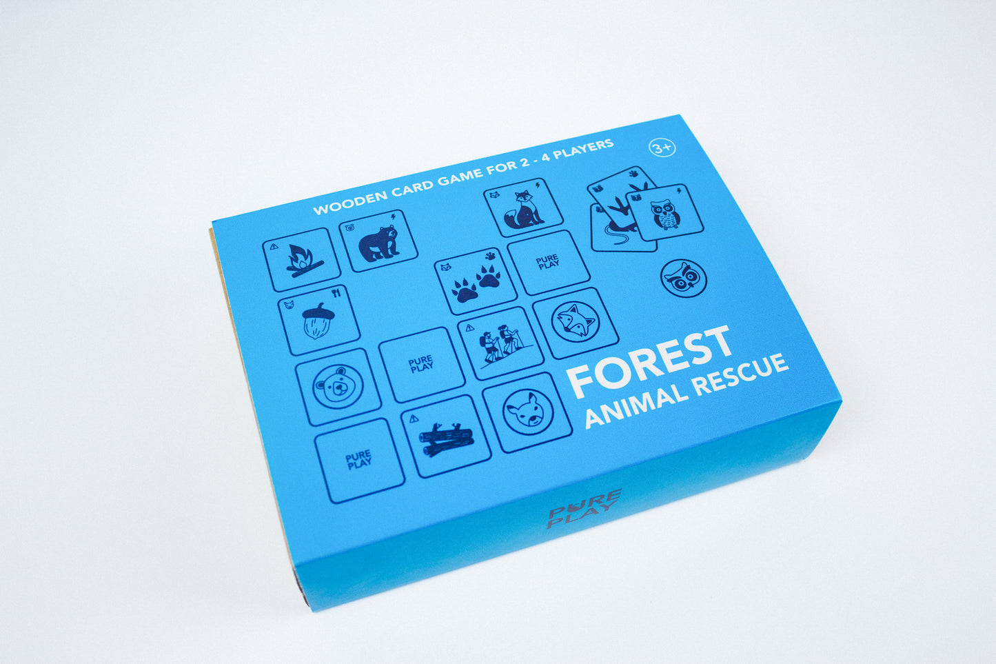 Bright blue packaging of Forest Animal Rescue wooden board game by Pure Play – educational toy for children aged 3 and up, made in Europe, Romania.