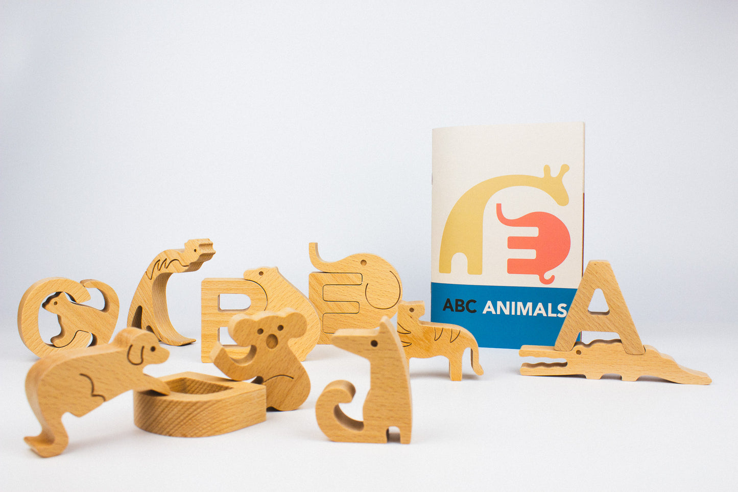 Montessori Wooden Alphabet Puzzle Set with Animal Figurines. Made in Romania.