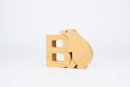 Bear. Montessori Wooden Alphabet Puzzle Set with Animal Figurines. Made in Romania.