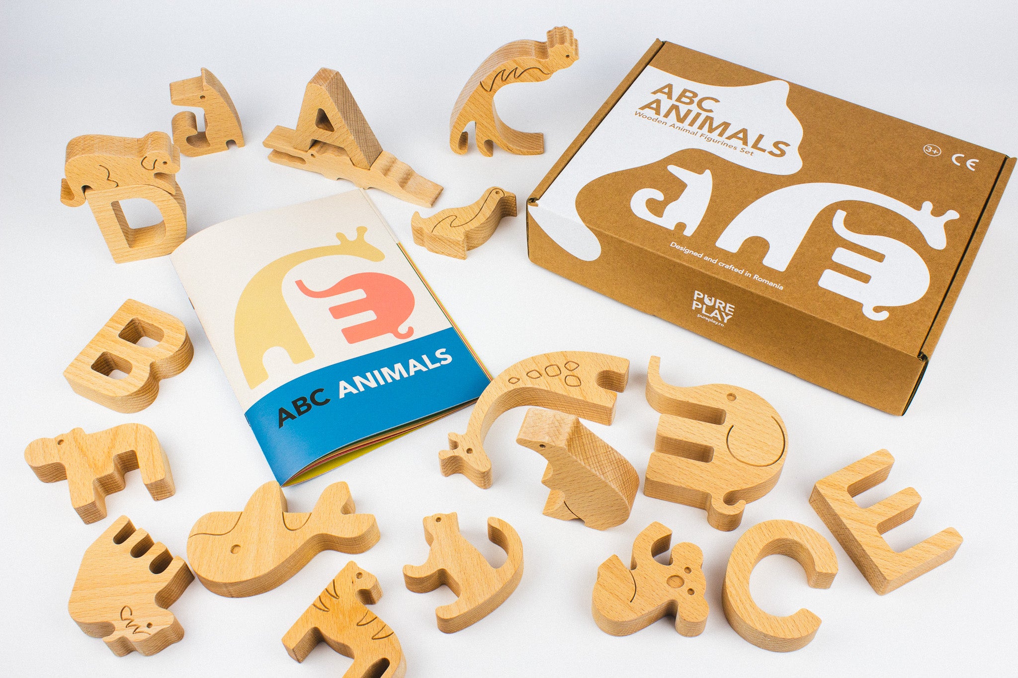 Cardboard box. Montessori Wooden Alphabet Puzzle Set with Animal Figurines. Made in Romania.
Wooden ABC animals and letters for preschoolers