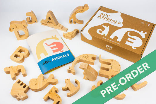 Cardboard box. Montessori Wooden Alphabet Puzzle Set with Animal Figurines. Made in Romania.
Wooden ABC animals and letters for preschoolers
