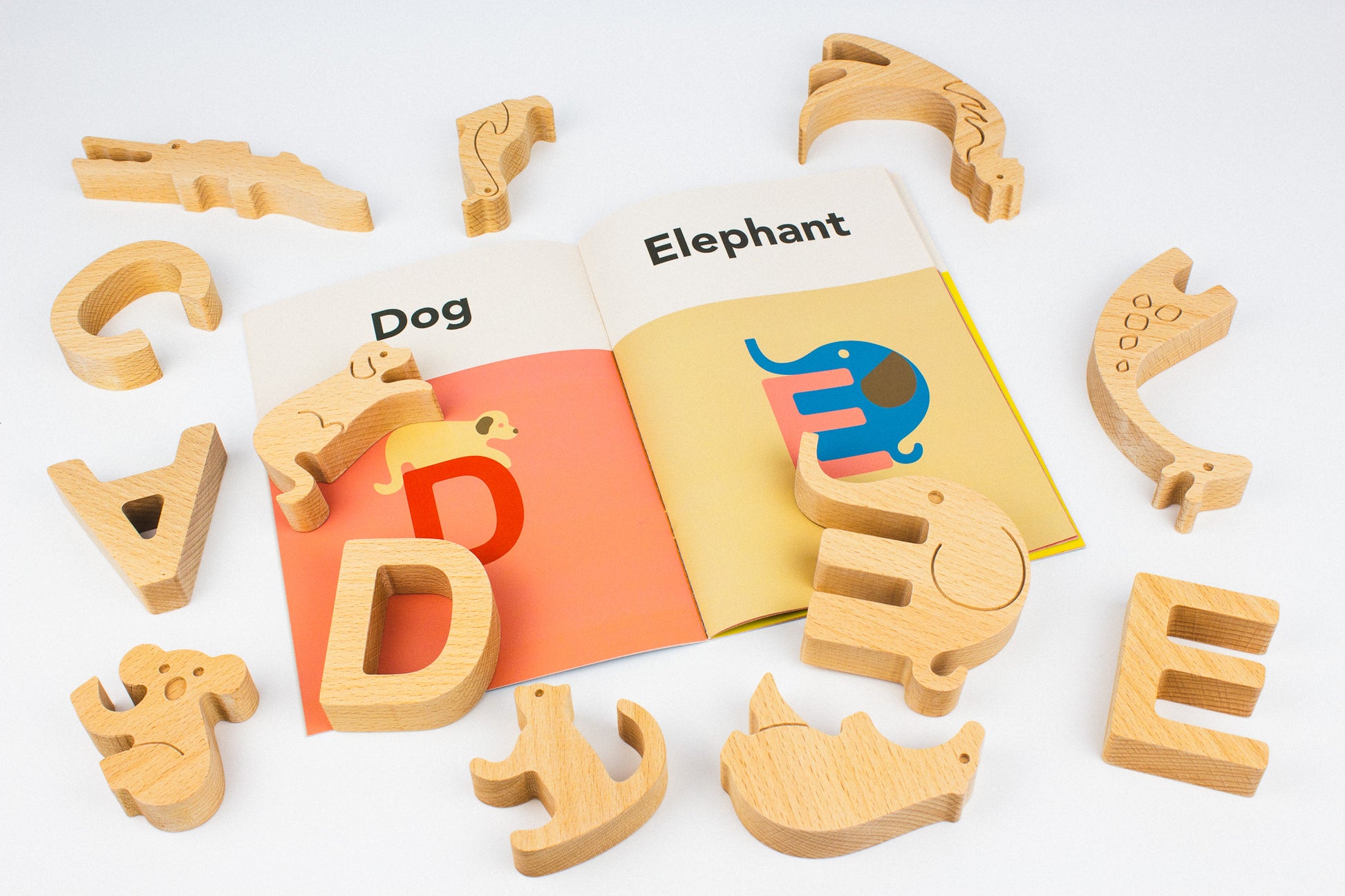 Montessori Wooden Alphabet Puzzle Set with Animal Figurines. Made in Romania.